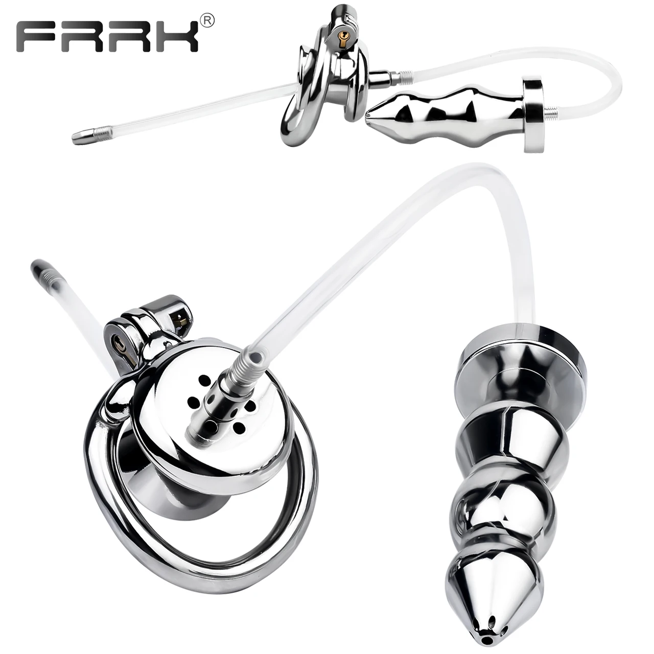 FRRK New Sex Toy Urethral Negative Chastity Cage with Anal Plug  2-in-1 Anus Stimulation Butt Plug Penis Cage Slave Game for Men