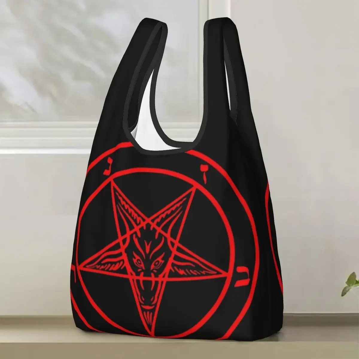 Inverted Pentagram With Baphomet Goat Shopping Bag Portable Tote Bags Reusable Shoulder Shopper Bag Grocery Handbag