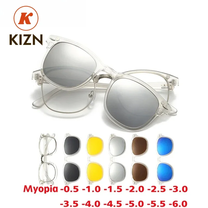

KIZN 6 в 1 солнцезащитные очки на клипсе, прозрачная серая оправа, поляризационные очки для близорукости, мужские и женские магнитные очки, оптические очки на заказ от -,5 до-10