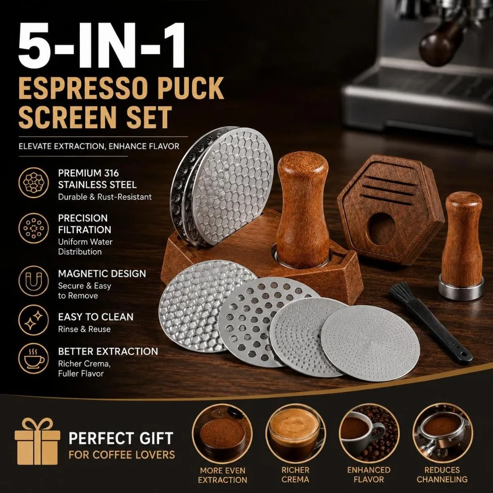 Dual Puck Screens Espresso Puck Screen Kit Nylon Brush Magnetic Pickup Portafilter Screen Kit Sapele Wood Stand