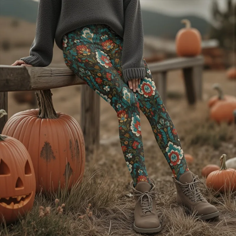 المرأة خمر الملونة الأزهار طباعة سميكة الشتاء طماق الجوارب الحرارية الدافئة لخريف شتاء موضة السراويل الناعمة بسط #3