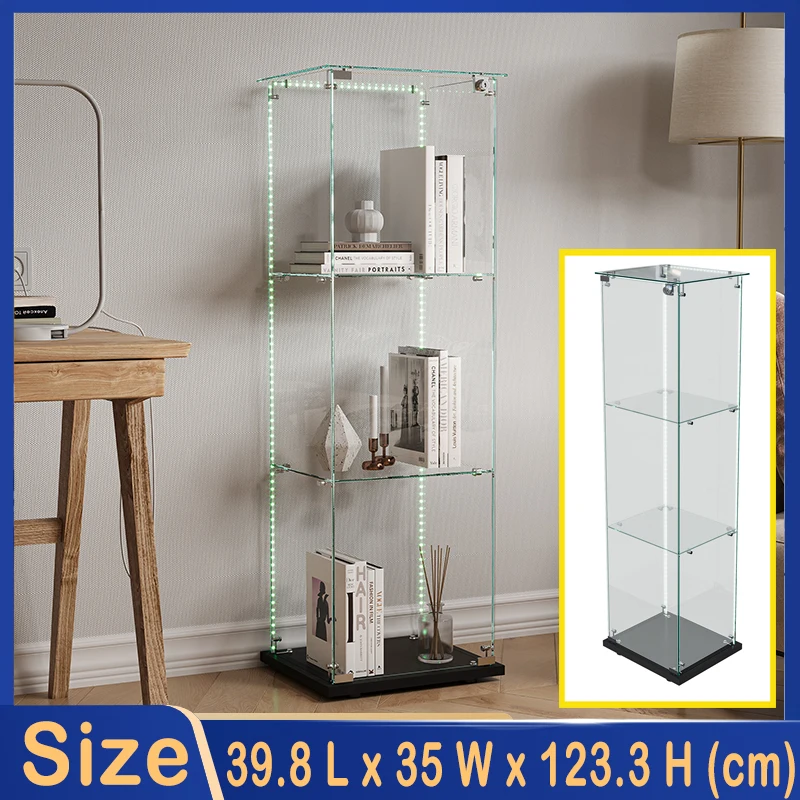 Creahappy Vitrine – Einzeltüriger dreistufiger Glasvitrine mit LED-Lichtleiste – schwarze Grundplatte