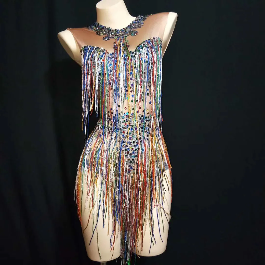 

new Women sequin Bodysuit Colorful tassel Rhinestone Sexy Performance Singer Dancer Show Stage club Party Birthday Wear Costumes