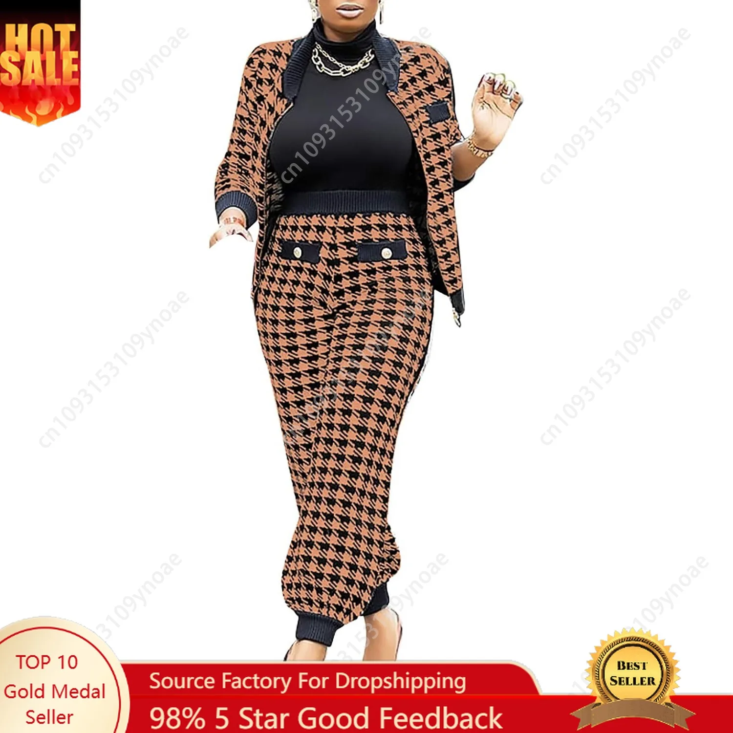 

Vintage Houndstooth Print Trousers Long Sleeved Jacket Women Button Down Work Suits Casual Two Piece Suits Cotton Cuffed Pants