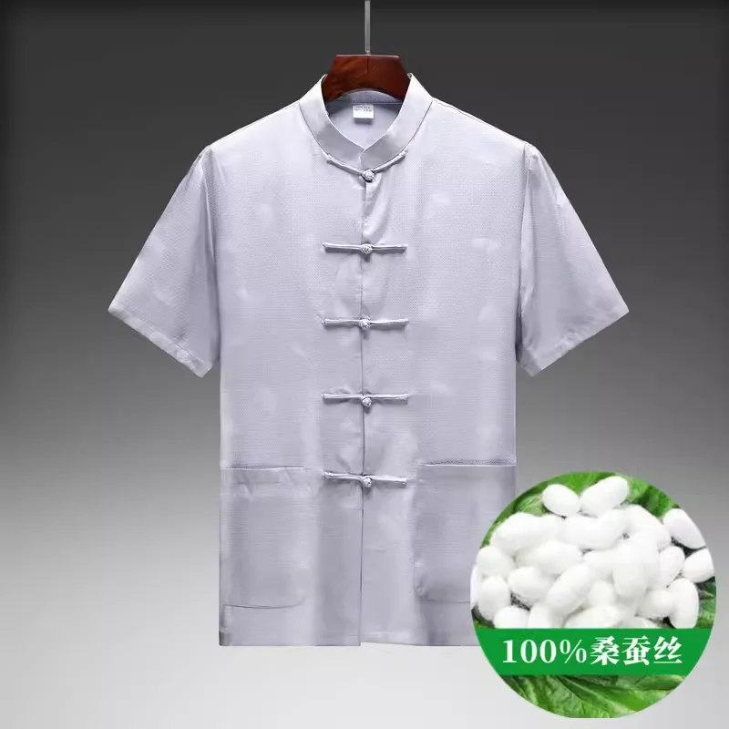 Frog Tang Costume Chinese Style Shirts For Men Mulberry Silk 100% Summer Quality Short Sleeve Soft Comfortable Camisas De Hombre