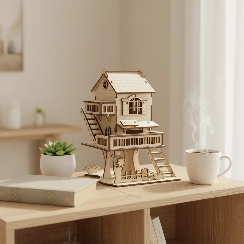 OUZEY Kit fai da te in legno “Festive Tree House” - Decorazione puzzle 3D per finestre, regali di Natale e vacanze
