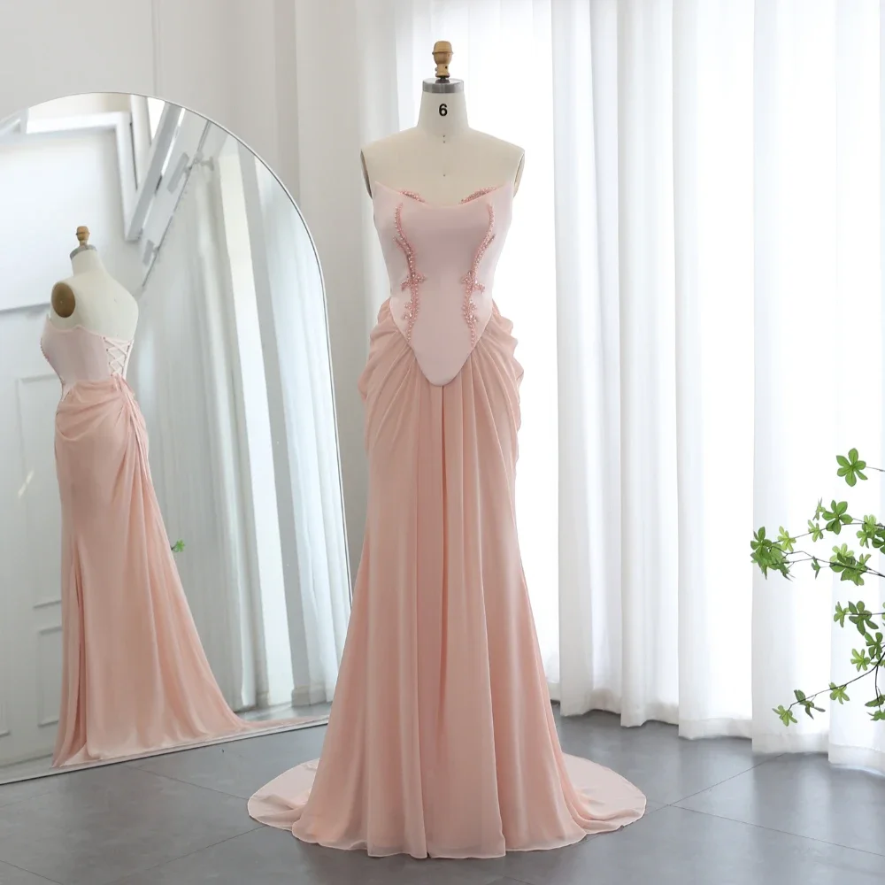 Elegant Strapless Sleeveless Pearls Beads Evening Dresses Fashion Floor Length Pink Mermaid Gowns Sweep Train Party Dresses