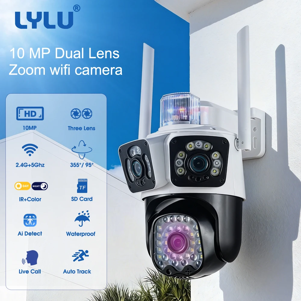

LYLU 10-мегапиксельная IP-камера, Wi-Fi камера, уличная 3-экранная 10-кратная цифровая камера видеонаблюдения, 4K, камера видеонаблюдения, приложение ICSEE, видеокамера