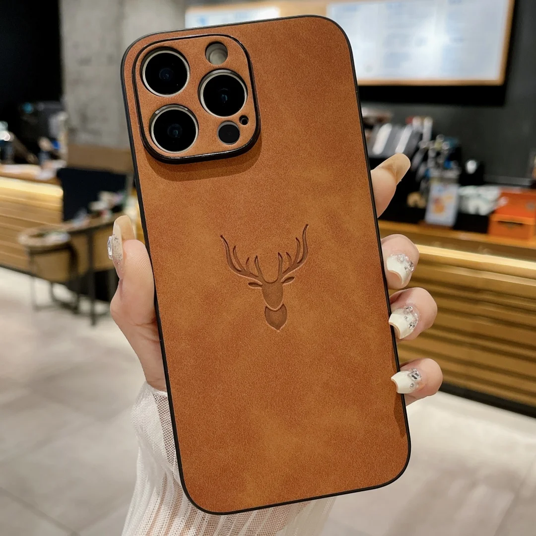 Retro-Hirschmuster-Leder, matt, stoßfest, für iPhone 16E, 15 14 Plus, 11 12 13 16 Pro Max, XS, XR, Wildleder-Stoßstangen-Silikonhülle