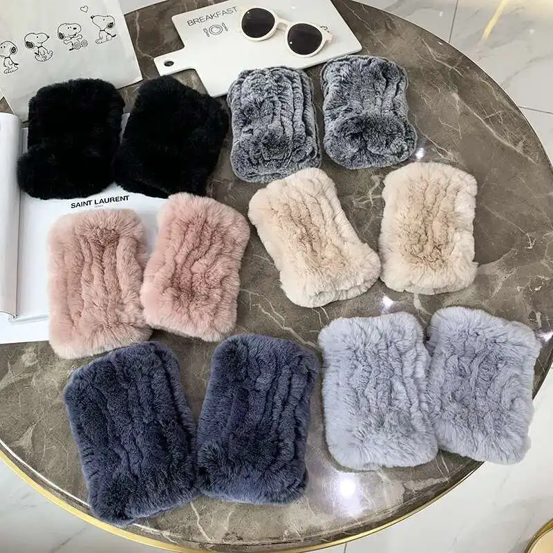 Rex Rabbit Fur Gloves Winter Women Thickened warm Double-sided Fur Gloves Outdoor Cycling Gloves Ladies Warm Knitted Fur Gloves