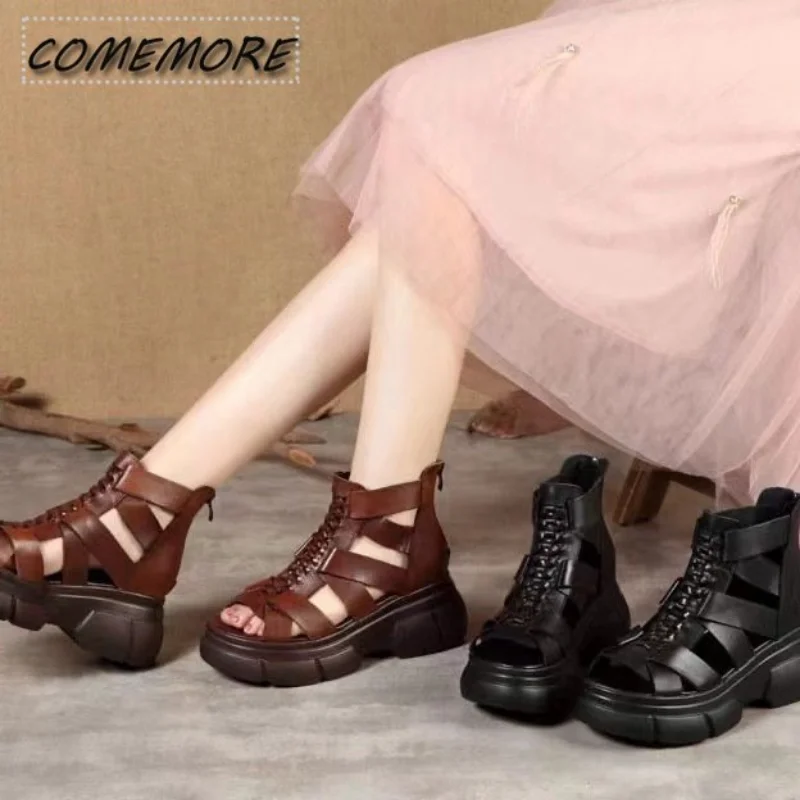 Roman-style Comfortable Wedges Heels for Women\'s with Fish Mouth Layer of PU Leather Retro Chunky Rocking Sandals Fashion Shoes