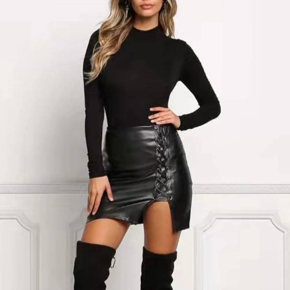 

Sexy Girls Above Knee Black PU Leather Skirts Spring Women High Waist Bodycon Front Split Elegant Short Skirt