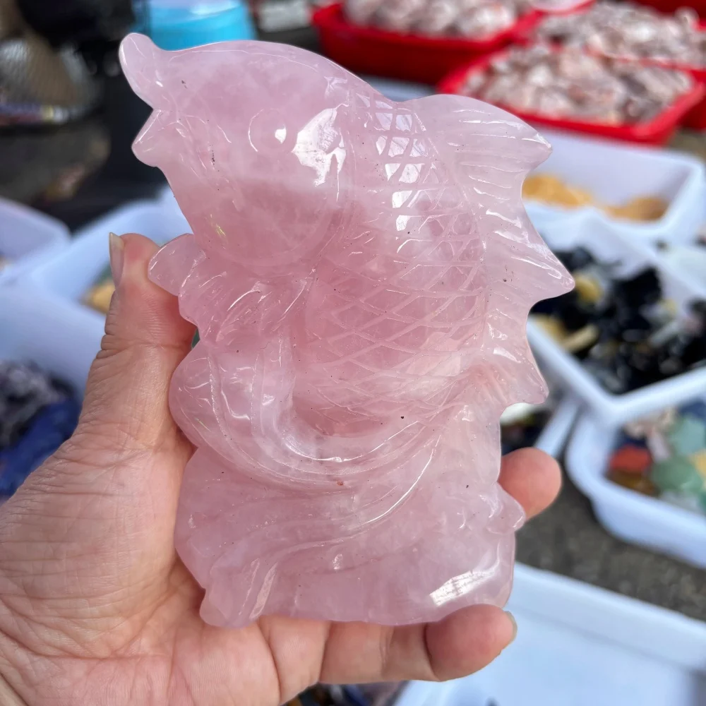 Natural Rose Quartz Koi Fish Carving Pink Crystal Animal Statue Home Decor Wealth Symbol Collection Gift