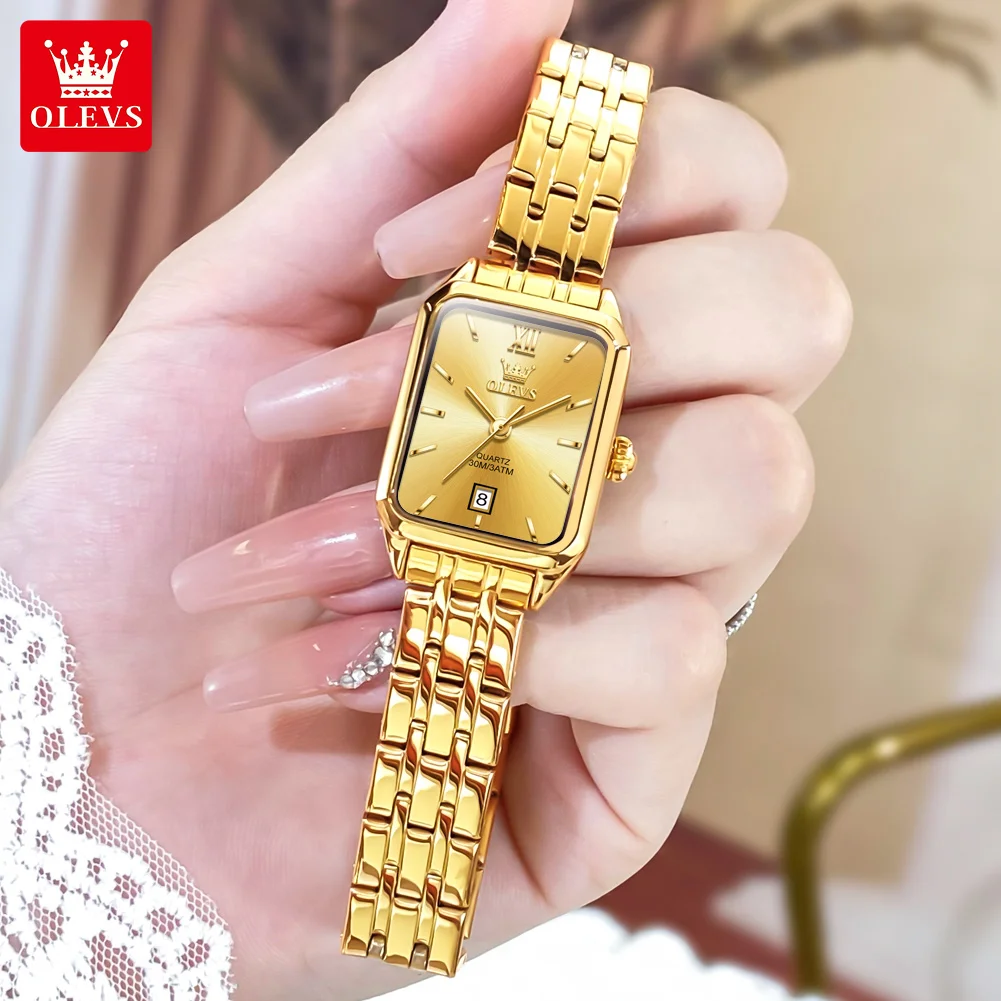 

OLEVS 5616 Rectangular Small Quartz Wrist Watch for Women Luxury Automatic Date Golden Stainless Steel Waterproof Ladies Watches