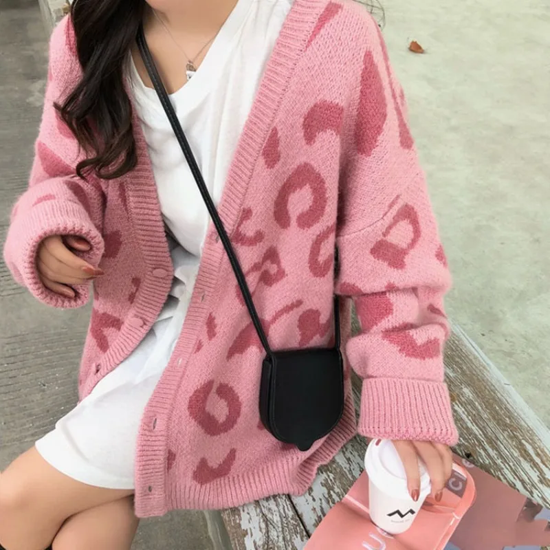 

Pink Knitted Loose V-neck Leopard Print Casual Sweater Coat Women Autumn Winter Korean Fashion Lazy Style Women's Cardigan New