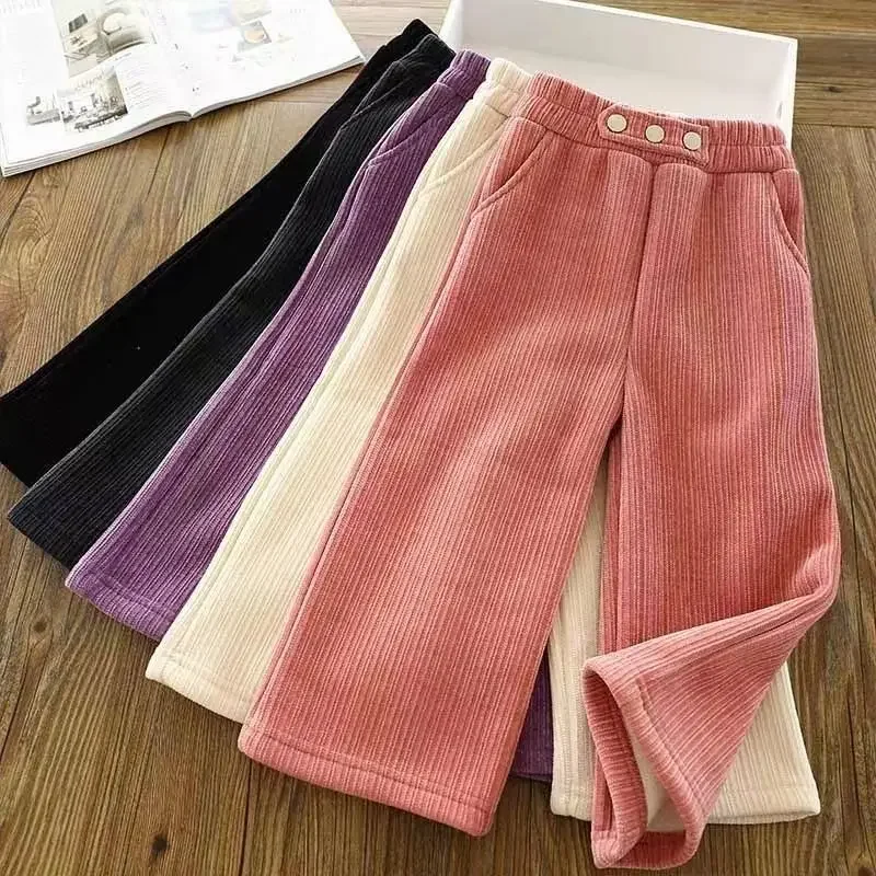 Girls' Pants New Autumn and Winter Plush Thickened Foreign Style Wide Leg Pants Children's Korean Casual Pants