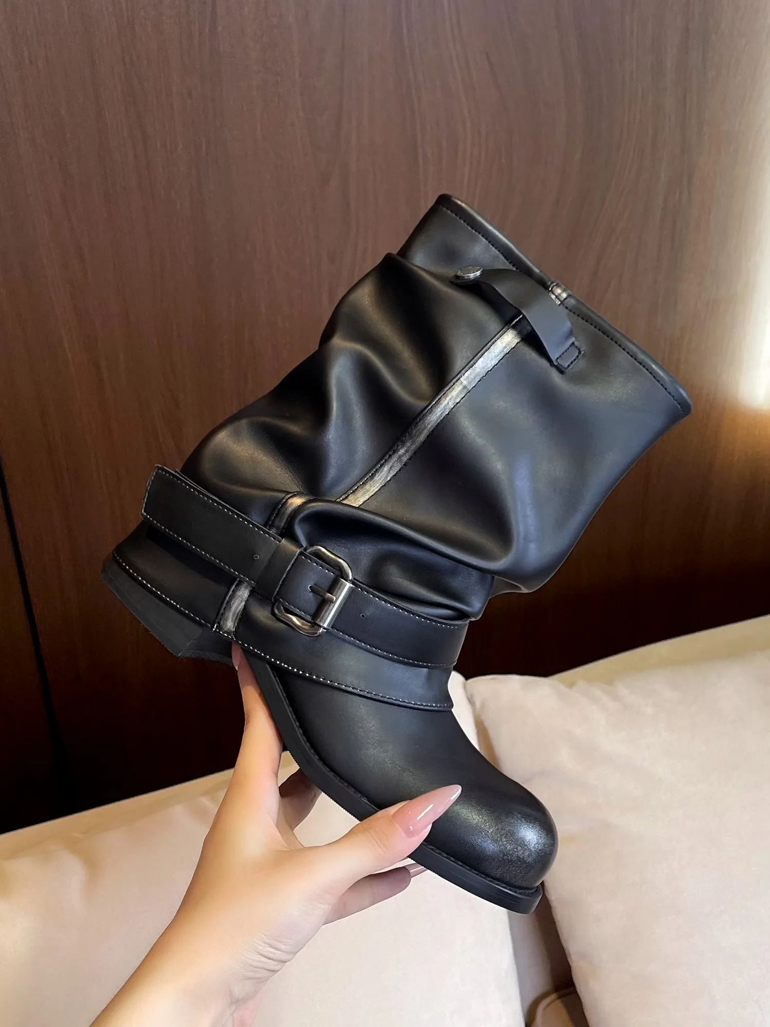 

Короткие сапоги в стиле ретро со плиссированной пряжкой, ботильоны на блочном каблуке, мягкие кожаные брюки без шнуровки в стиле вестерн, Botas Femininas