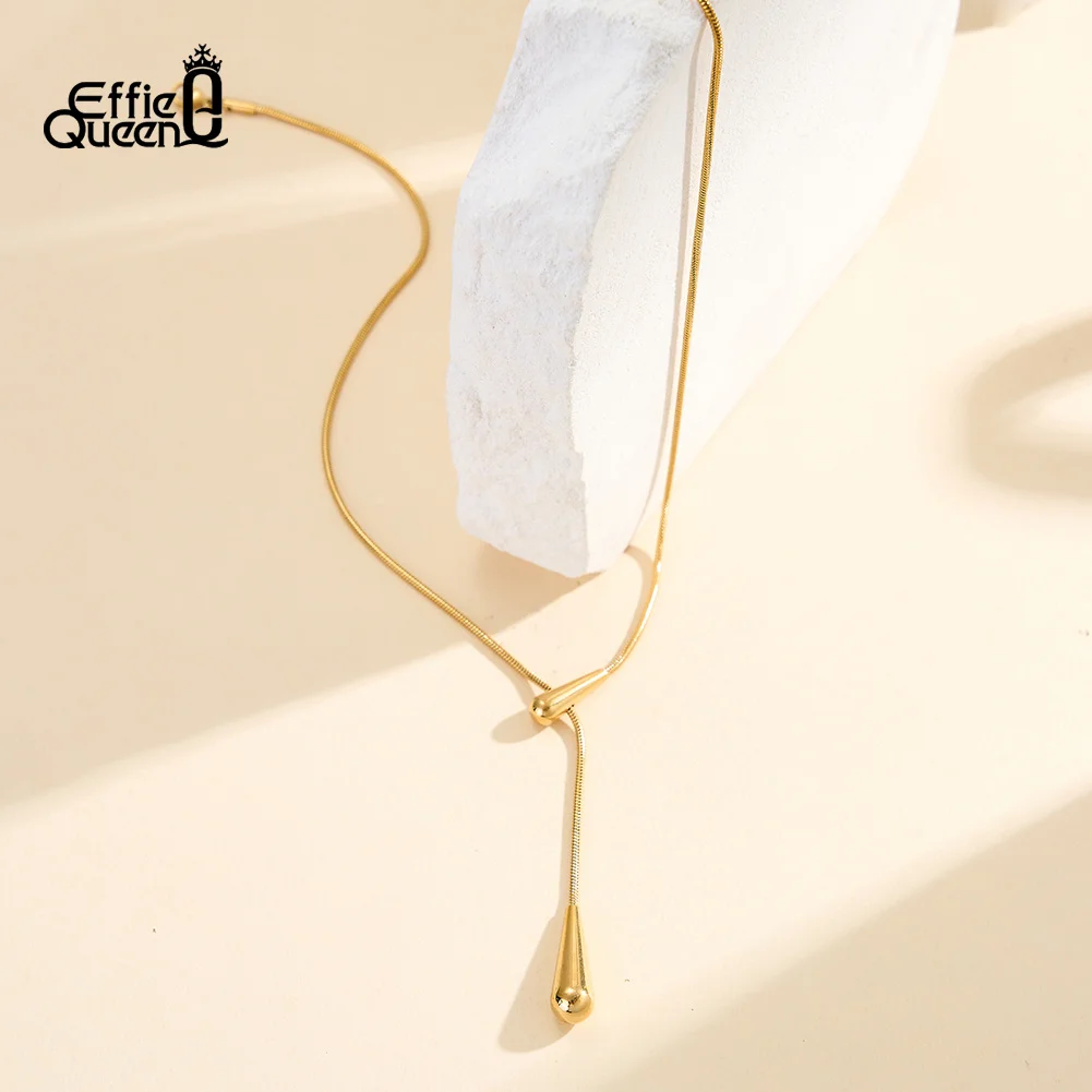 EFFIE QUEEN Fashion Y-shaped Long Drop Pendant Chain Necklace Stainless Steel Women's Y Necklace Waterproof Jewelry STKN37