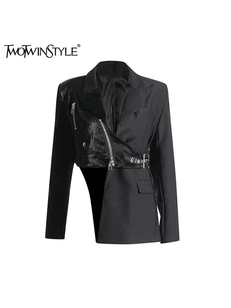 TWOTWINSTYLE Solid Asymmetrical High Street Blazers For Women Notched Collar Long Sleeve Patchwork Belt Slim Blazer Female New