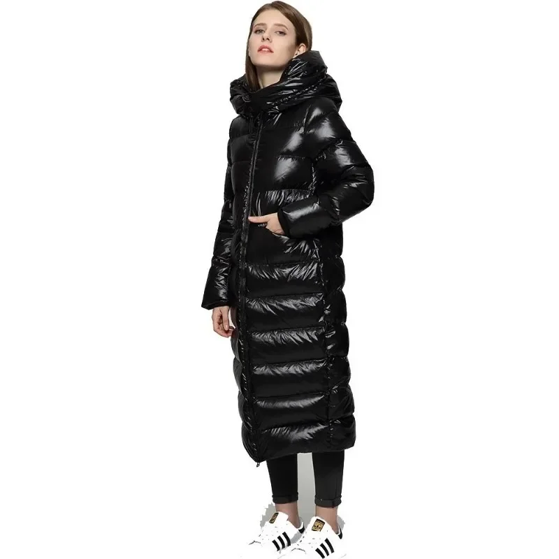 Hot Sale Down Jacket Women's Long Over The Knee Fashion Thin Winter New Version Thick Bright Face Super Long Hooded Coat Warm