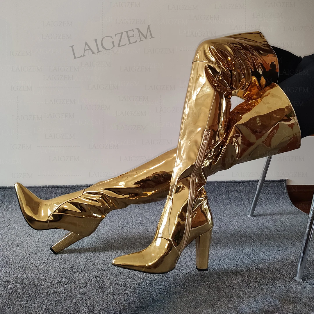 ZHIMA Women Thigh High Boots Pointed Toe Thick High Heels Boots Over Knee Metallic Colors Lady Shoes Woman Plus Size 38 41 45 47
