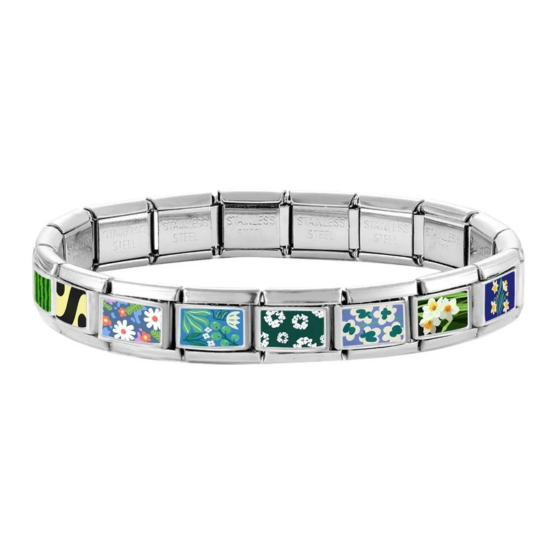 2026 New Women's Gift Beautiful Flowers Green Leaf Italian Charms Link Bead Fit 9mm Stainless Steel Modular Bracelet Jewelry DIY