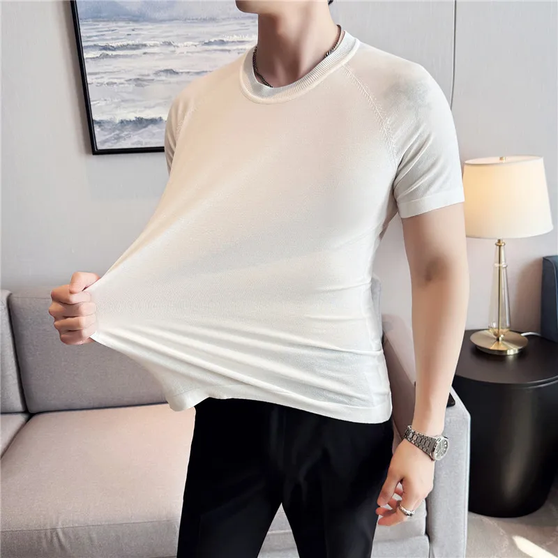 

Men's Short-sleeved T-shirt Crew Neck Solid Color Slim And Slim Ice-like Half-sleeve Knitted Summer Casual Base T-shirt