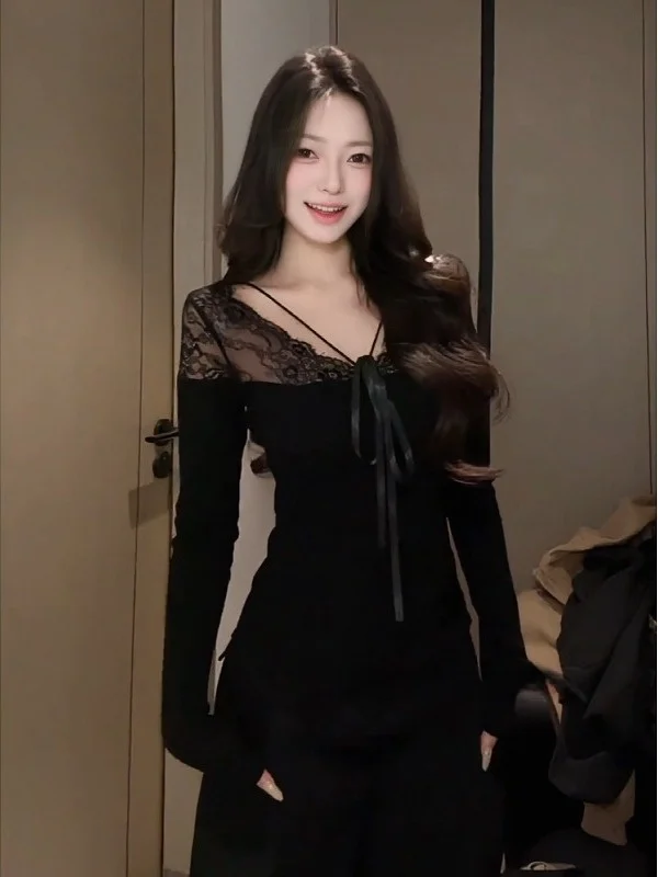

plus Size Women's Long Sleeve T-Shirt Lace Splicing Fashionable Slimming Base Shirt Inner Wear Top Sexy Style Autumn Winter