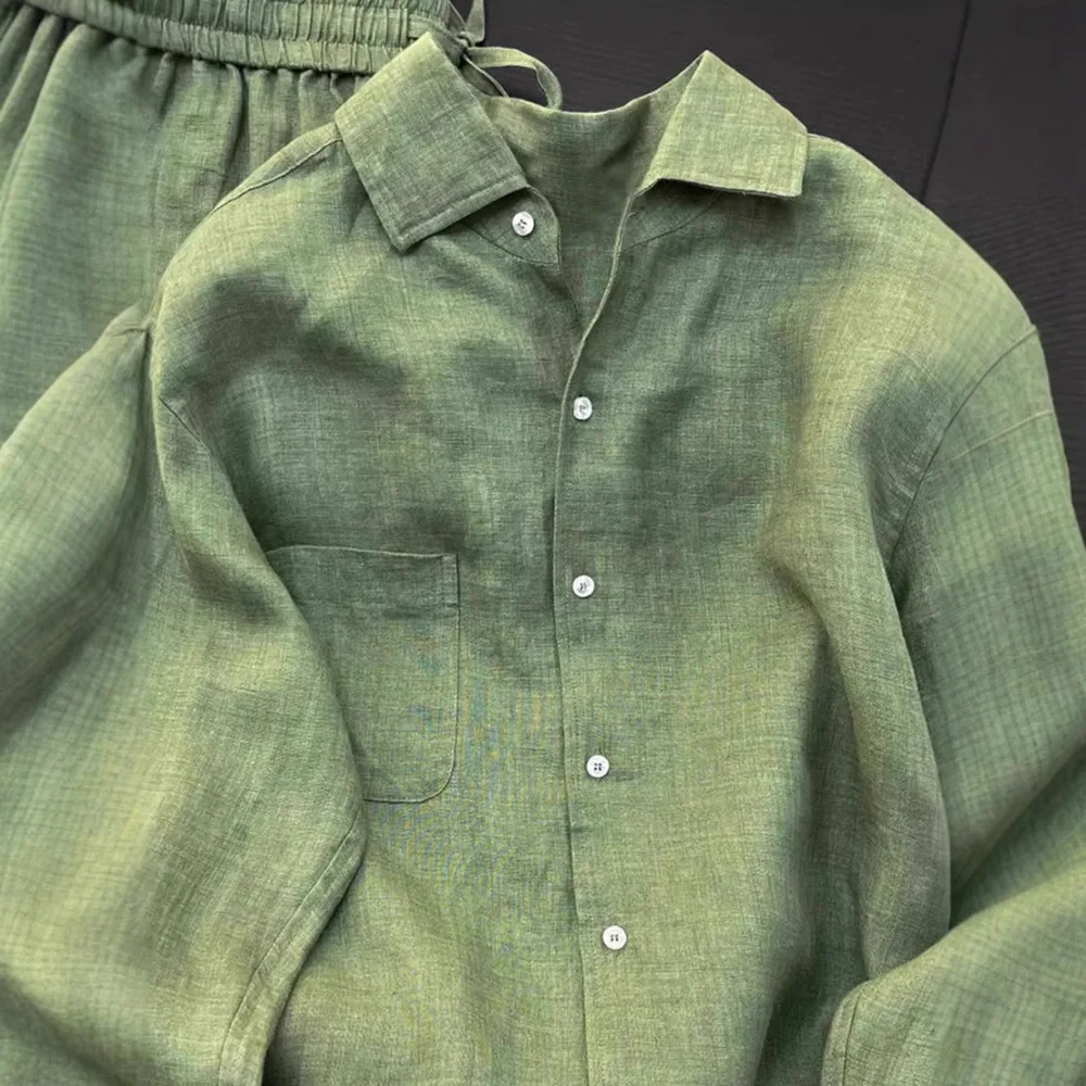 Unique and Beautiful Linen Suit 2025 New Women's High-end Green Cotton and Linen Shirt Wide-leg Pants Two-piece Set