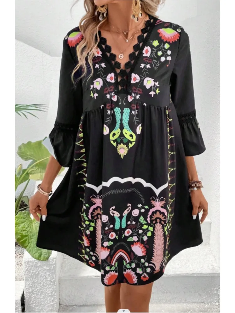 Summer Floral Print Dress Lady Fashion Ruffles Three Quarter V Neck Lace Loose Dresses For Women Boho Holiday Vintage Skirts New