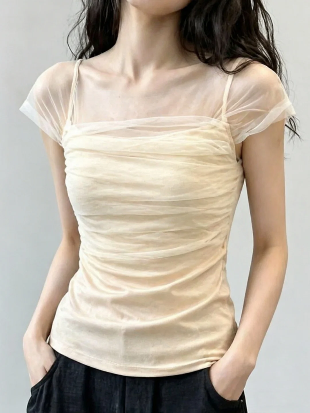 

Summer Mesh Splice Short Sleeve T-Shirt Women's Slimming Design Sense Versatile Personality Top Comfortable Korean Style Silk