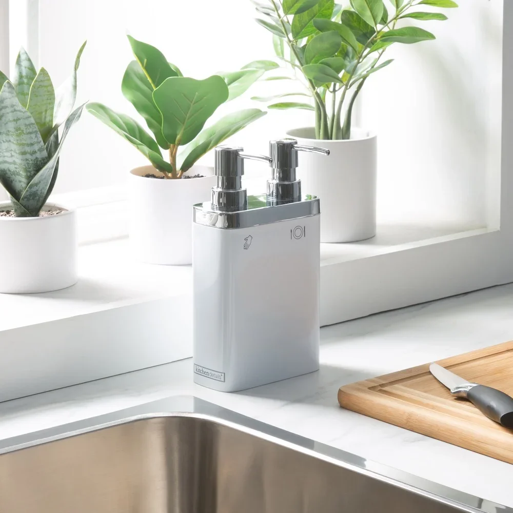 المزدوج مضخة الصابون غسول موزع كونترتوب المنظم 2 مقصورات المطبخ الحمام يسهل إدارة الفضاء منع الارتباك