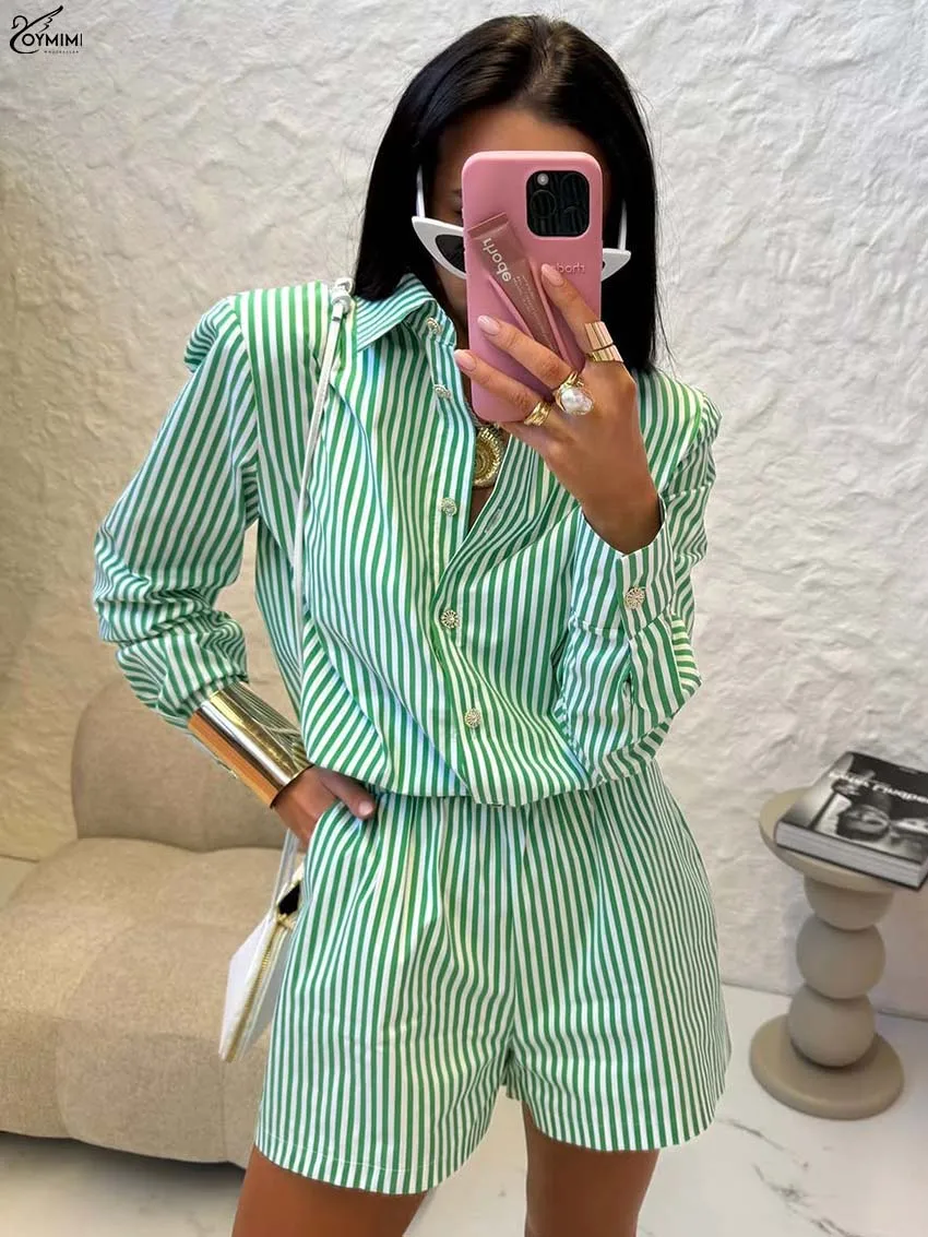 Oymimi Fashion Pink Print Sets Woman 2 Piece Elegant Long Sleeve Single Breasted Shirts And High Waisted Pockets Shorts Sets