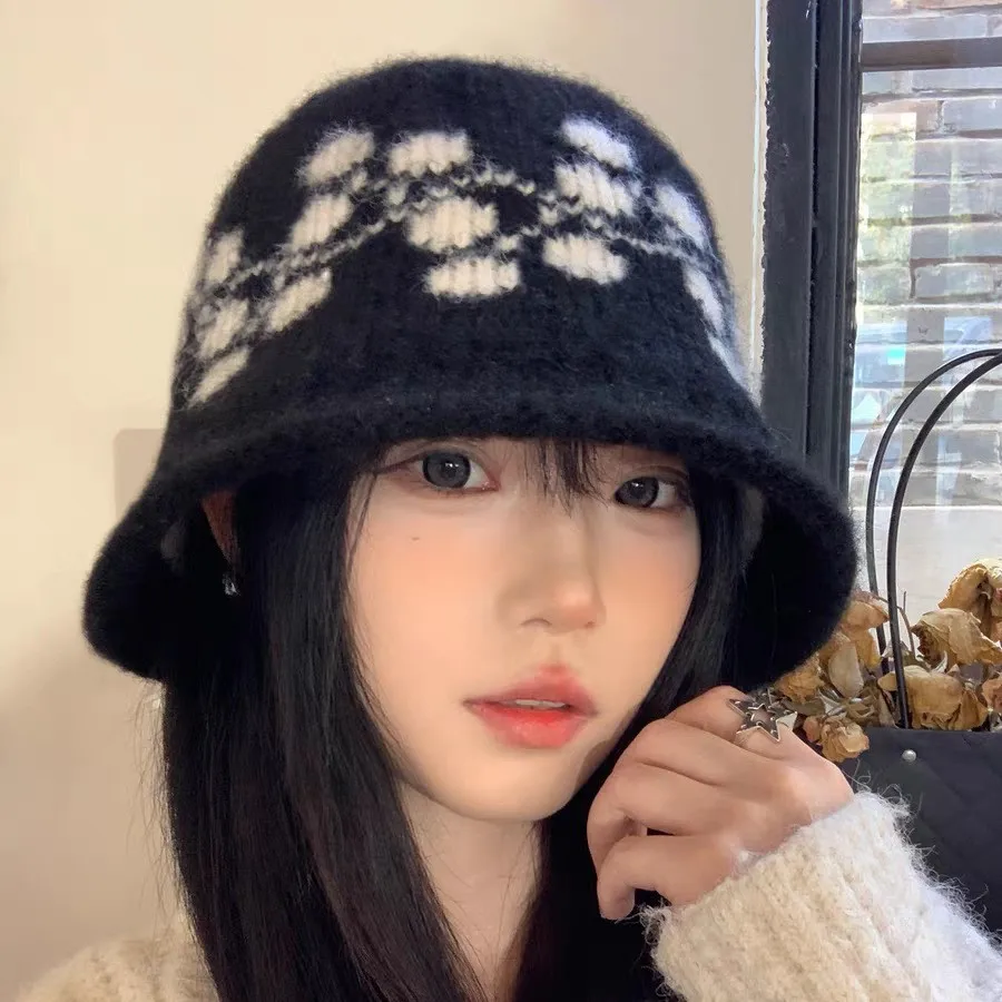 

New jacquard wool hat women's winter warm and cold-proof face small versatile bucket hat big head circumference
