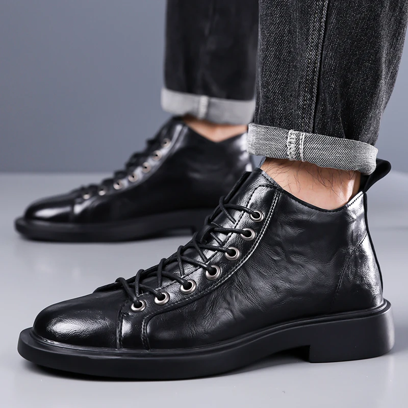 Men British Retro Mid-top Leather Boots Spring Autumn, Round Toe Lace-up Soft Sole Non-slip Durable Outdoor Work Casual Footwear
