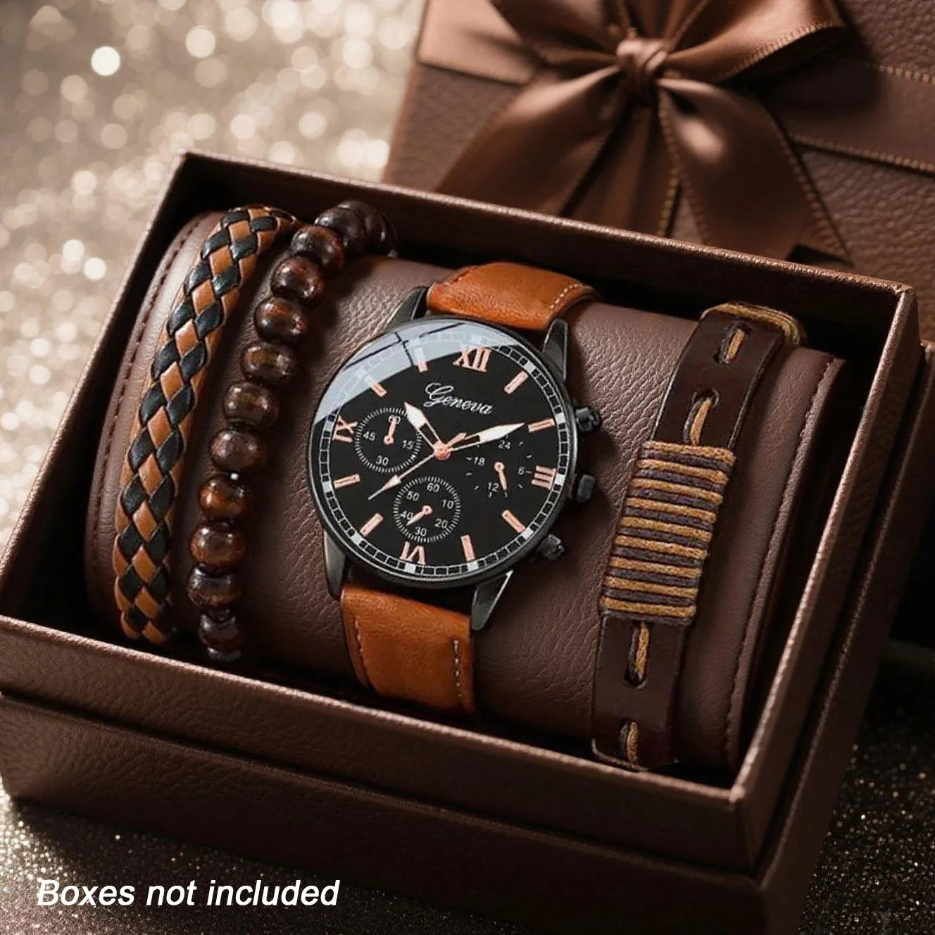 4PCS casual and fashionable men's quartz watch with woven bracelet accessories set suitable for daily wear