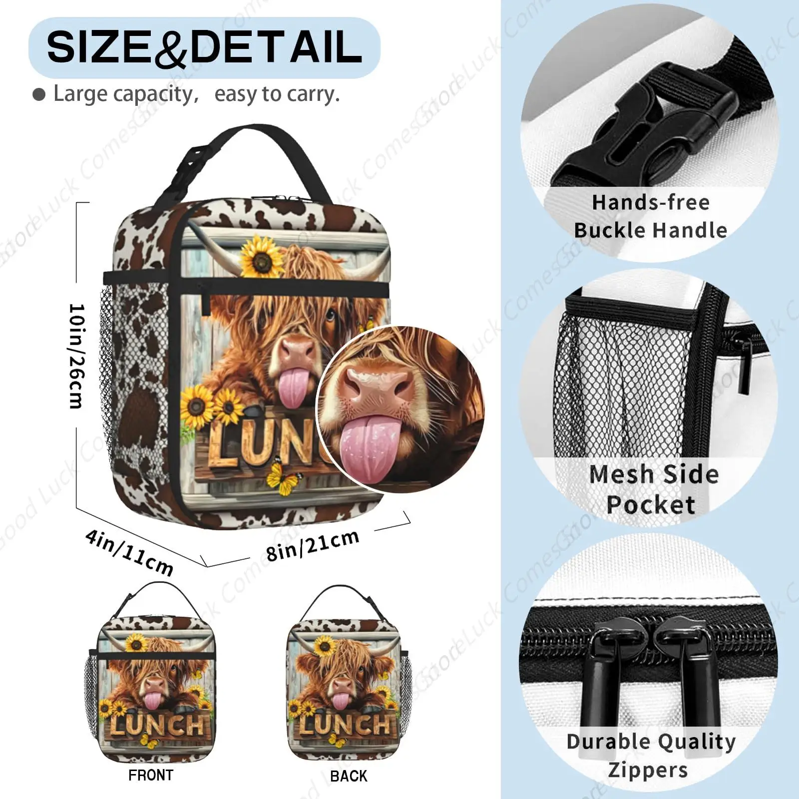 Highland Cow and Sunflowers Tote Lunch Box Bag For Kids Teen Boys Girls Insulated Lunch Boxes For School Camping Travel Work