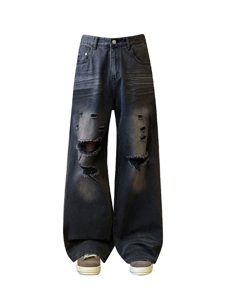 

American Style Design High Waist Ripped Jean Summer Women Black Loose Denim Pants Fashion Straight Trousers High Street Harajuku