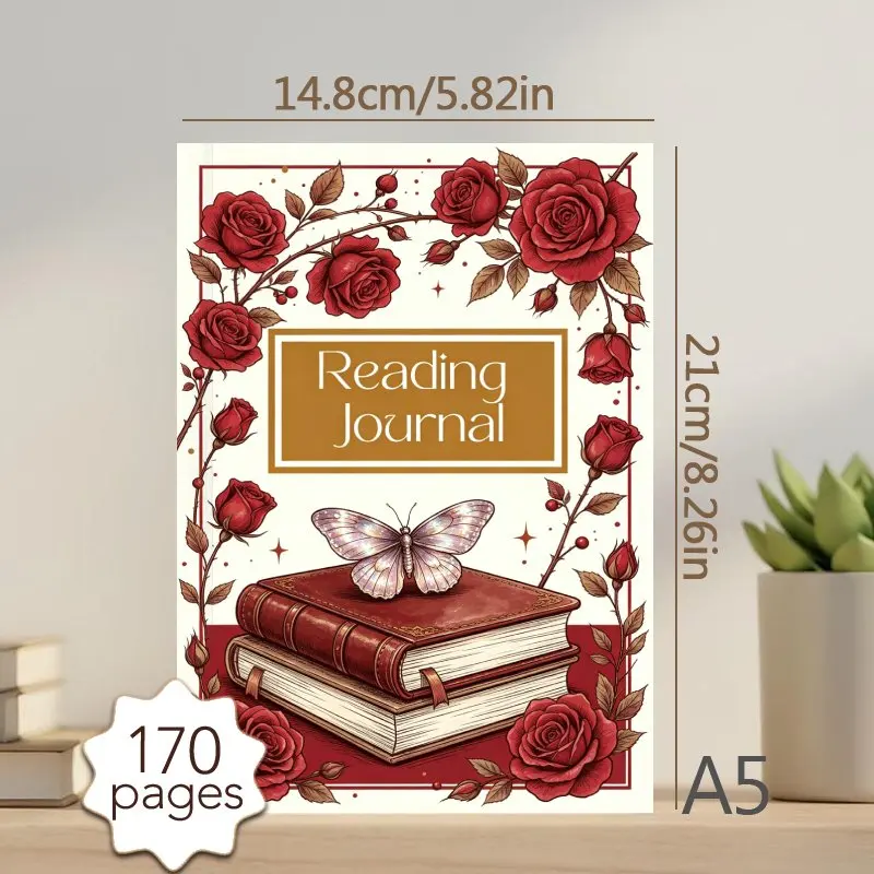A5 Reading Journal,Vintage Rose & Butterfly Design,Perfect Reading Tracker with Review Pages, Ideal Gift for Reading Lovers