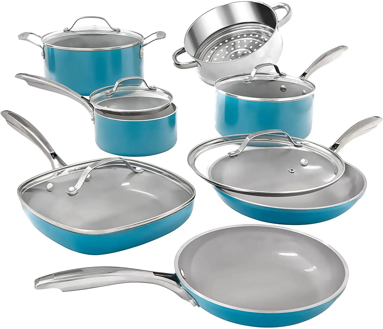 12 Piece Pots and Pans Nonstick Set Ceramic Cookware Kitchen Set, With Frying Skillet, Saucepan, Aqua Blue