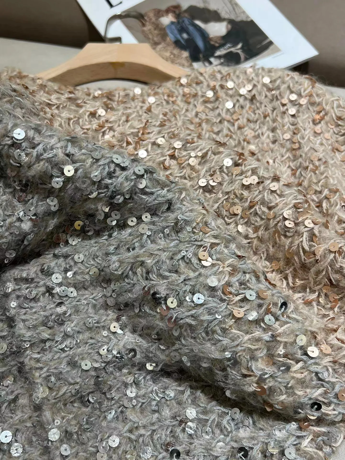 Exquisite sequin trimmed cotton mohair loose sweater