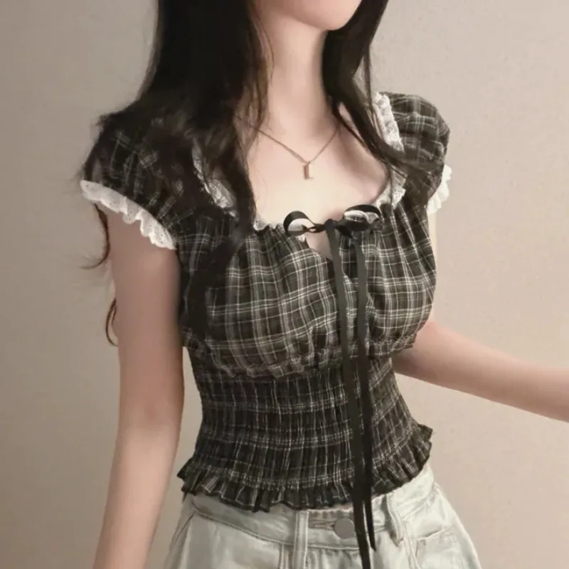 Estate da donna ort Sve Chiffon irt Design coreano Plaid con cintura ort Cravatta in vita Colletto quadrato Top Faion Commute Sle