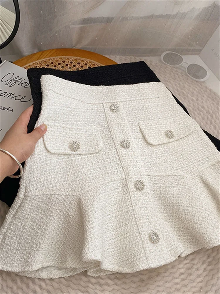 Tweed Skirts for Women High Waist White Skirt  Autumn Winter 2022 Ruffles Korean Fashion Clothing Casual  A-LINE Black