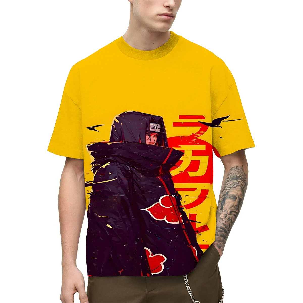Nueva camiseta con estampado 3D de Naruto Anime para hombre, camiseta gráfica de personaje Itachi Uchiha, diseño de elementos de texto japoneses y nube roja