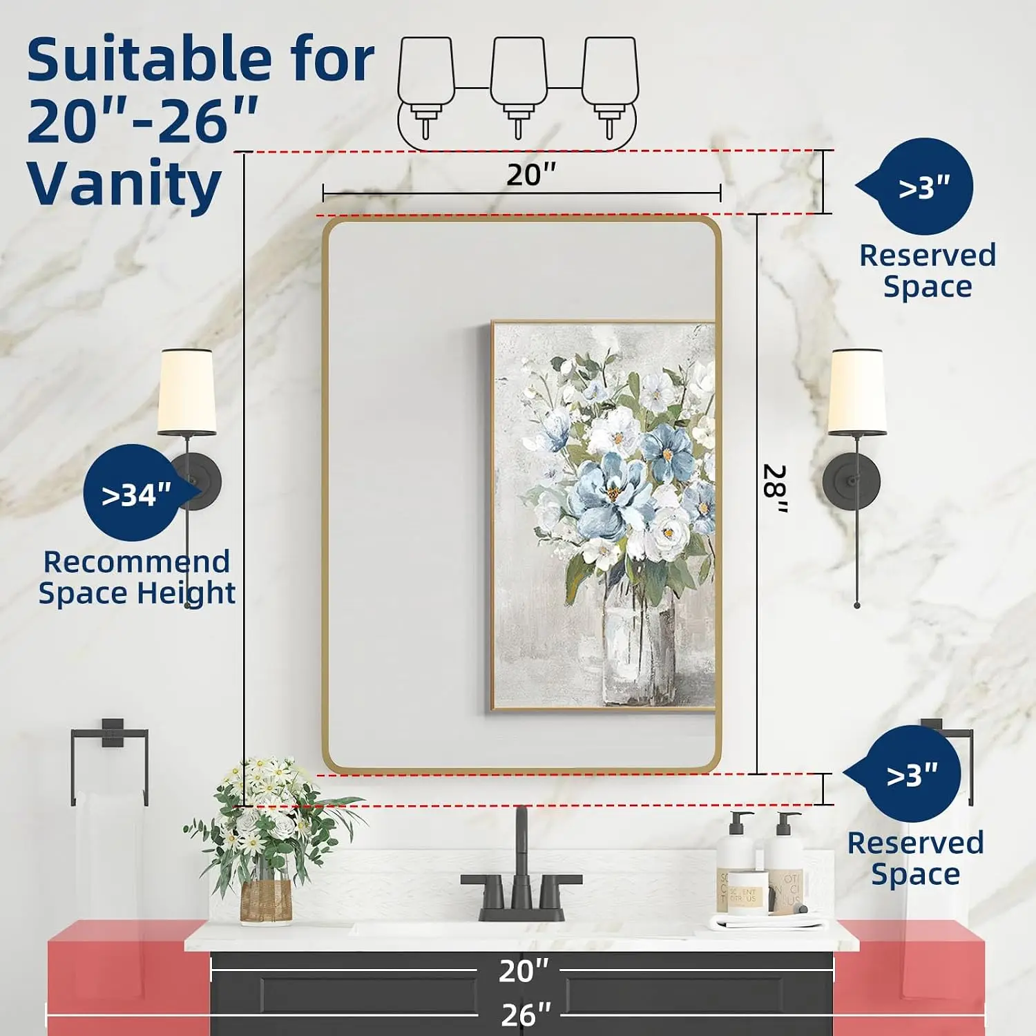 Medicine Cabinet 20 x 28 Inch, Brush Gold Bathroom Medicine Cabinet with Mirror,Metal Beveled Mirror, Adjustable Shelves, Recess