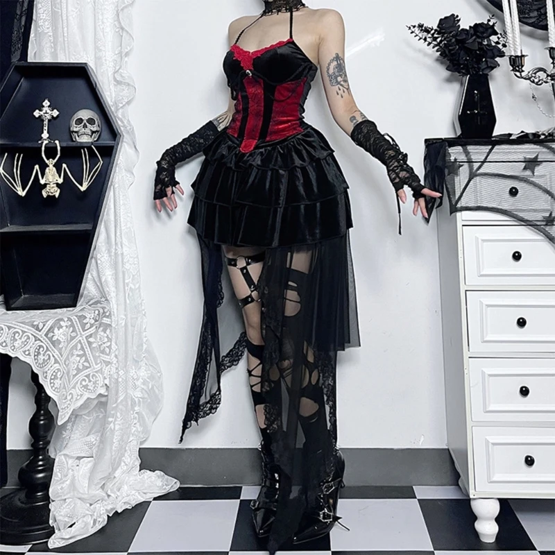 Womens Colorblock 홀터 탑 비대칭 미니 스커트 다크 고딕 펑크 Partywear