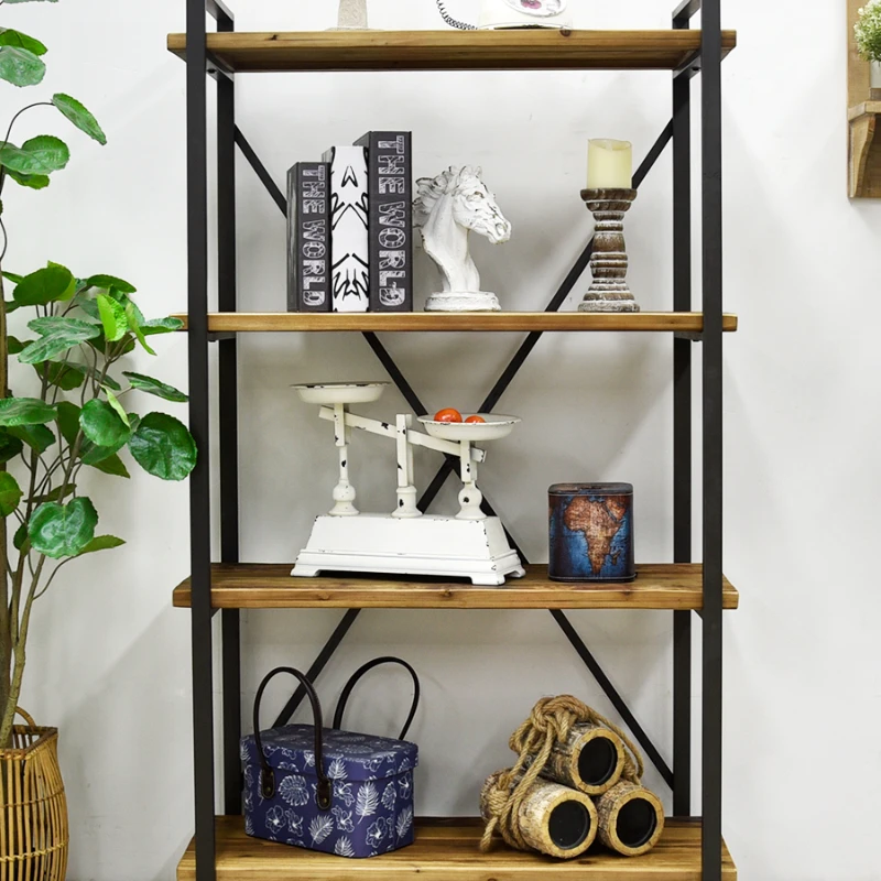 

Wrought iron retro multi-layer storage rack Floor to wall Wooden household finishing Flower rack Shelf display cabinet