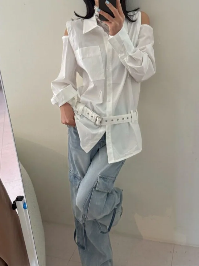 Pink Belted Long Sleeve Shirt Women's Spring Fashion 2026 Waist-Cinching Belted Shoulder-baring Top Korean Style Regular Fit