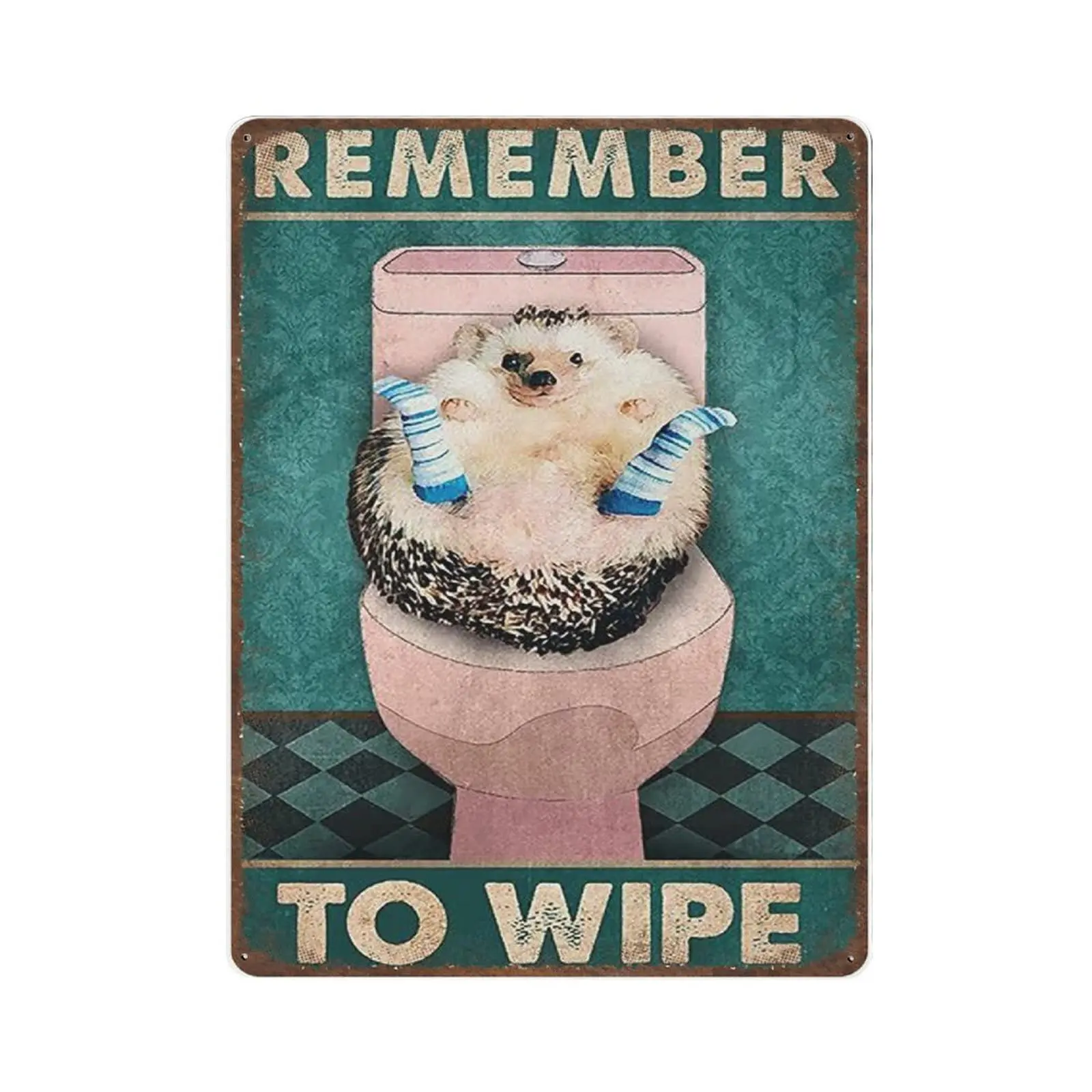 Vintage Thick Metal Tin Sign-Hedgehog Bathroom Decor, Remember to Wipe Sign, Hedgehog Lover Gift -Funny Signs for Home/Kitchen/