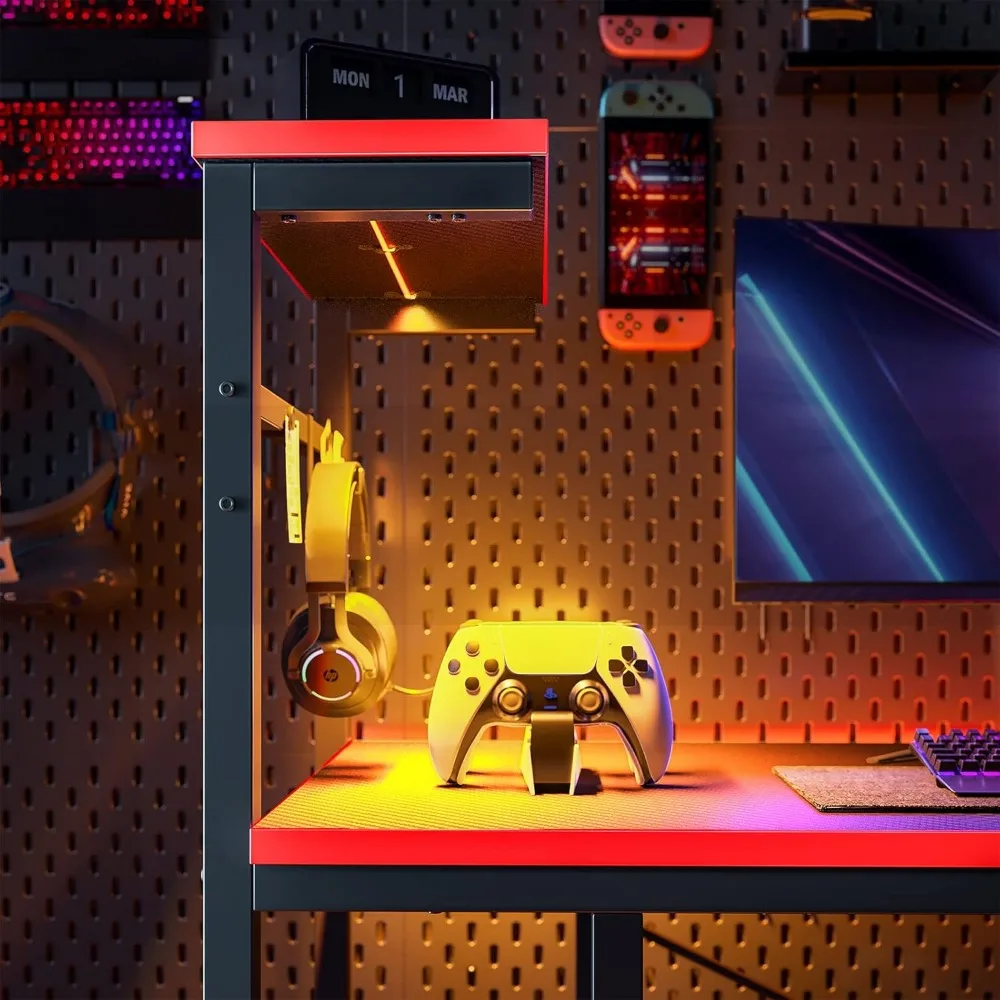 مكتب ألعاب مع أضواء LED، مكتب ألعاب كمبيوتر مقاس 44 بوصة للمساحات الصغيرة، مكتب كمبيوتر مع أرفف تخزين قابلة للعكس